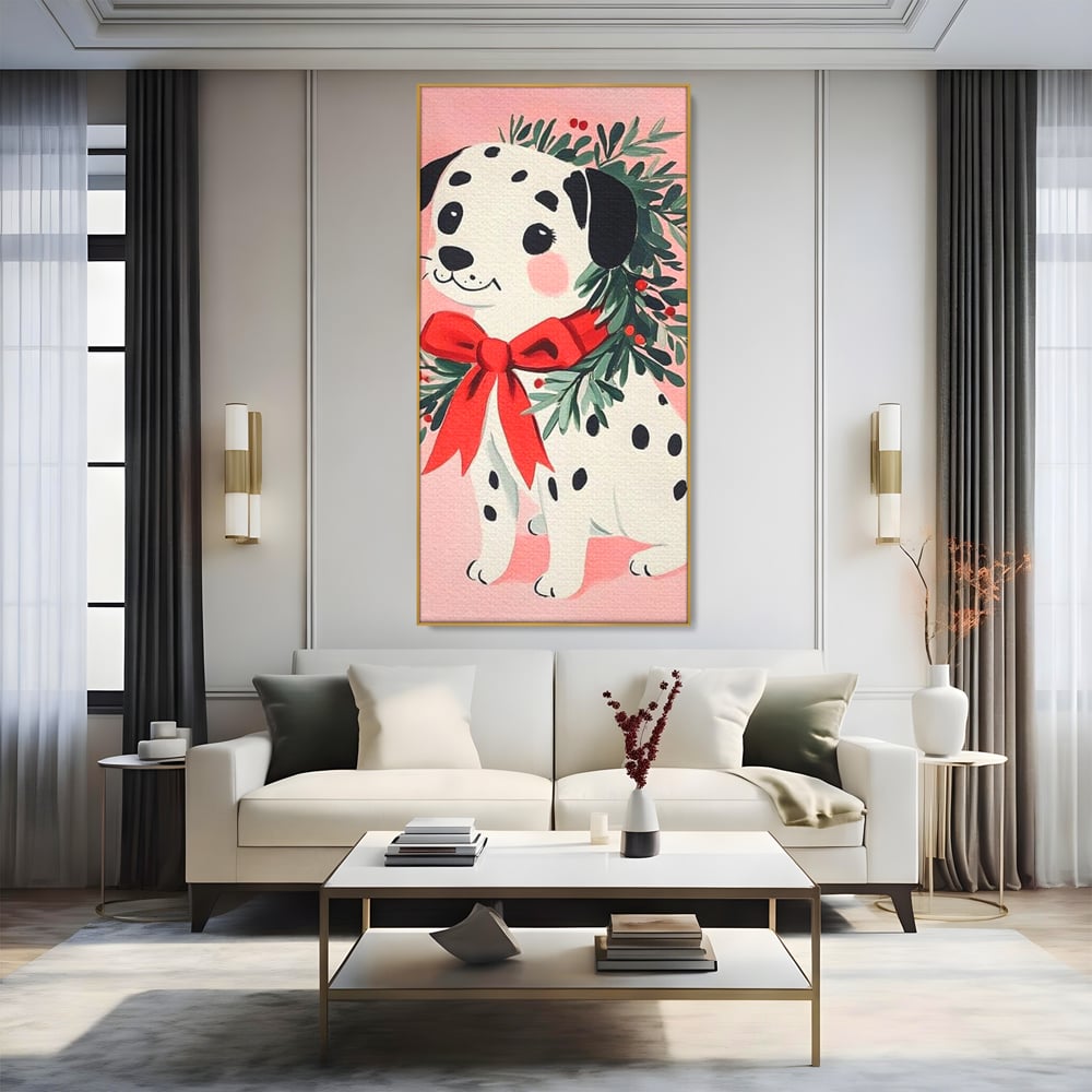 Tablou canvas cu tablou canvas cu catel dalmatian, in rama de aluminiu auriu, pe perete intr-un living